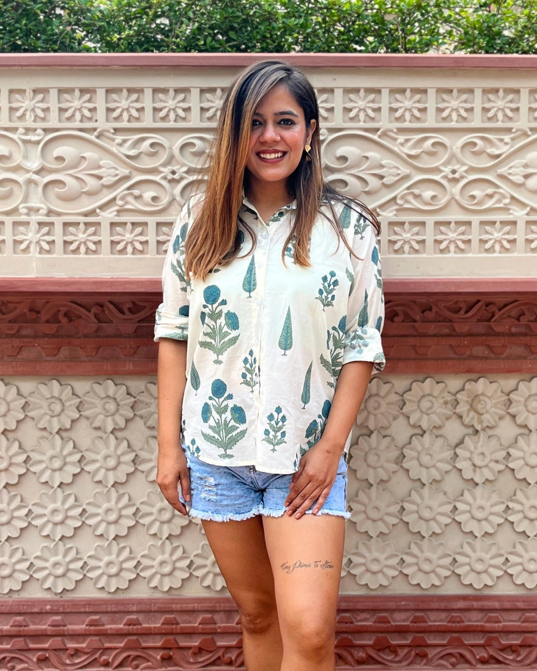 White Cotton Shirt With Blue Floral Print For Women