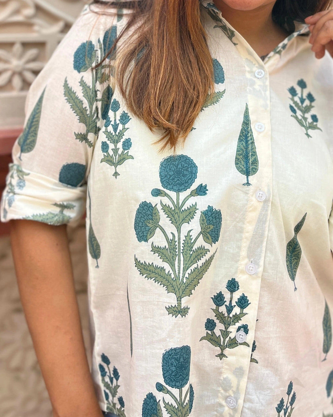 White Cotton Shirt With Blue Floral Print For Women