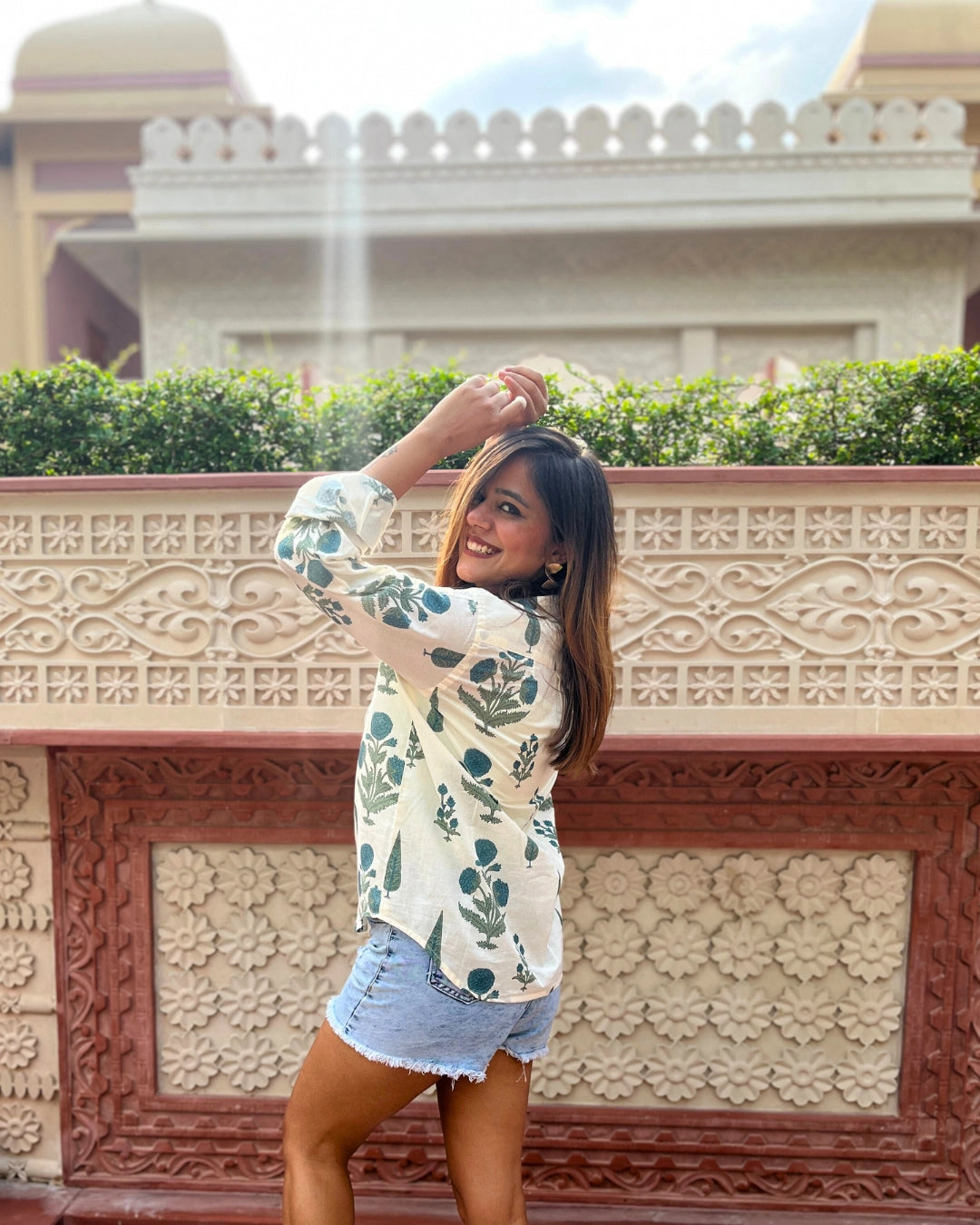 White Cotton Shirt With Blue Floral Print For Women