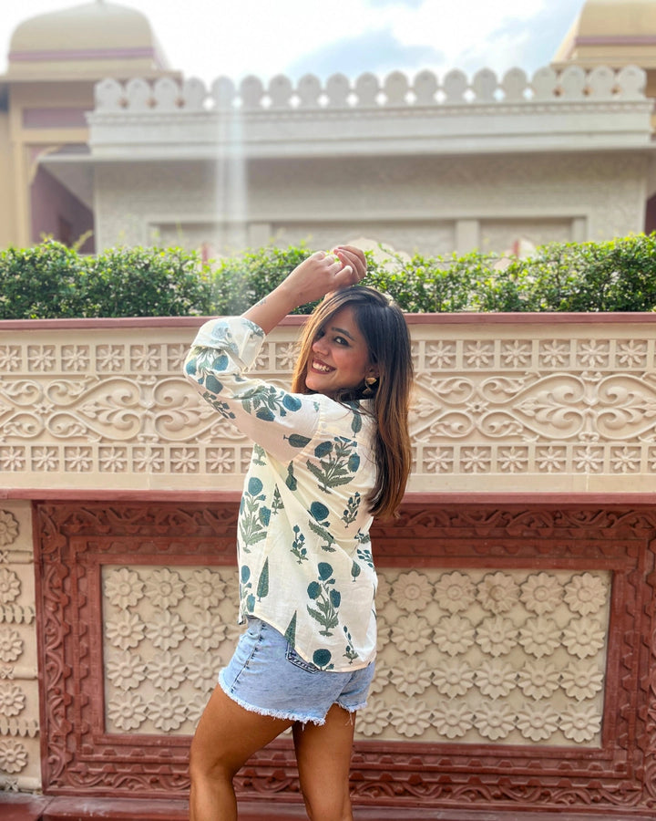 White Cotton Shirt With Blue Floral Print For Women