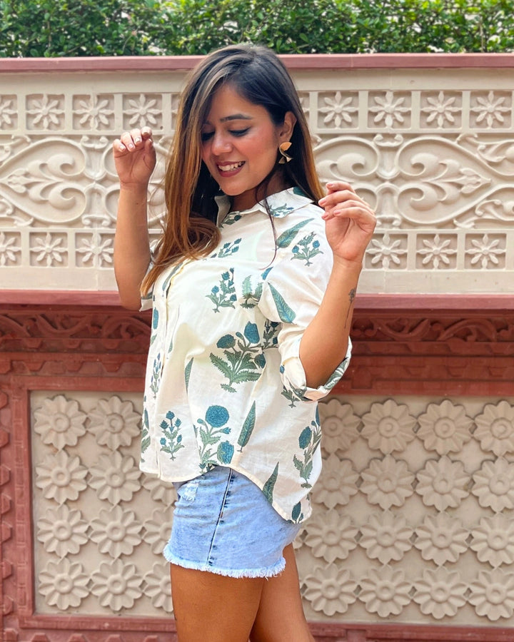 White Cotton Shirt With Blue Floral Print For Women