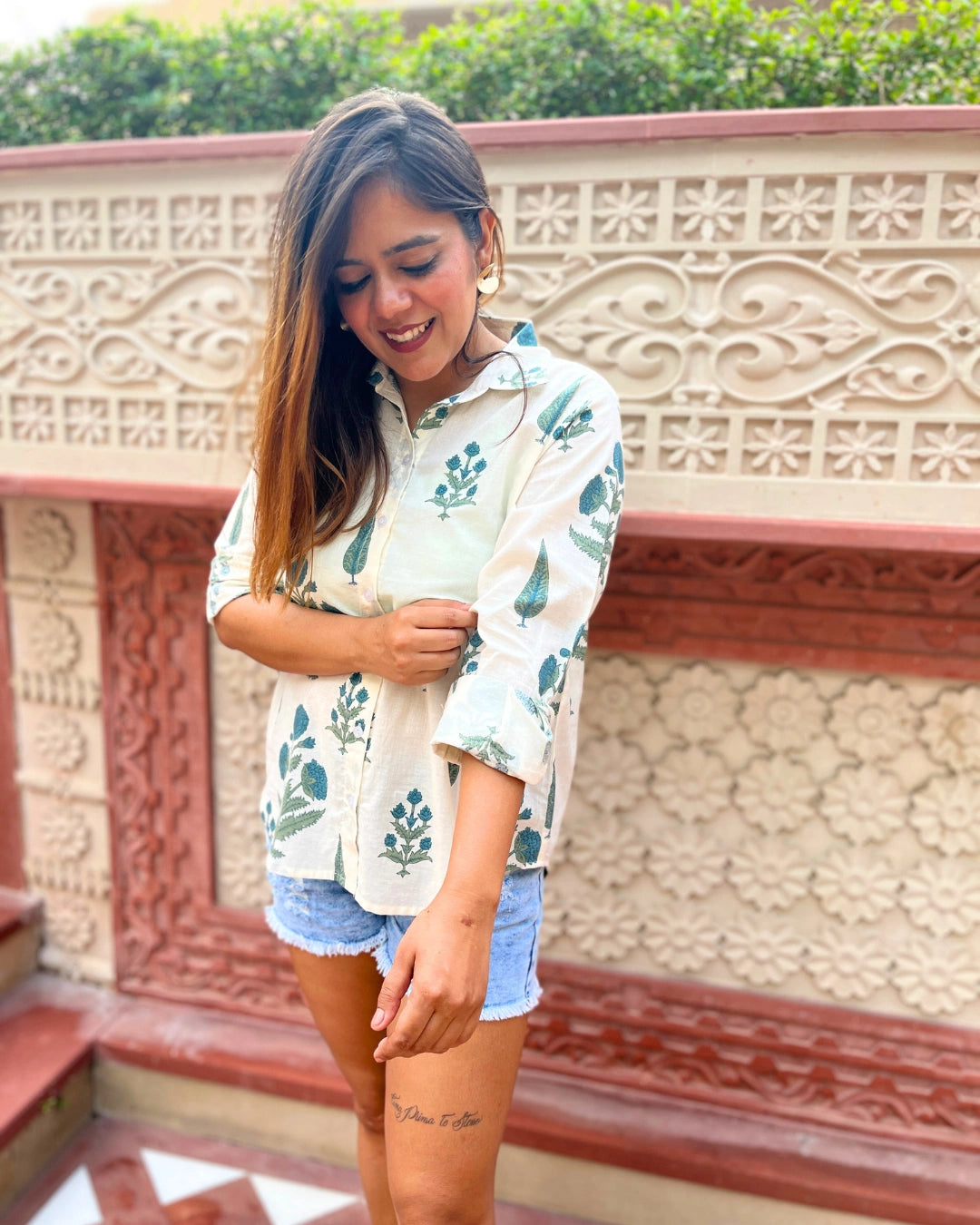 White Cotton Shirt With Blue Floral Print For Women