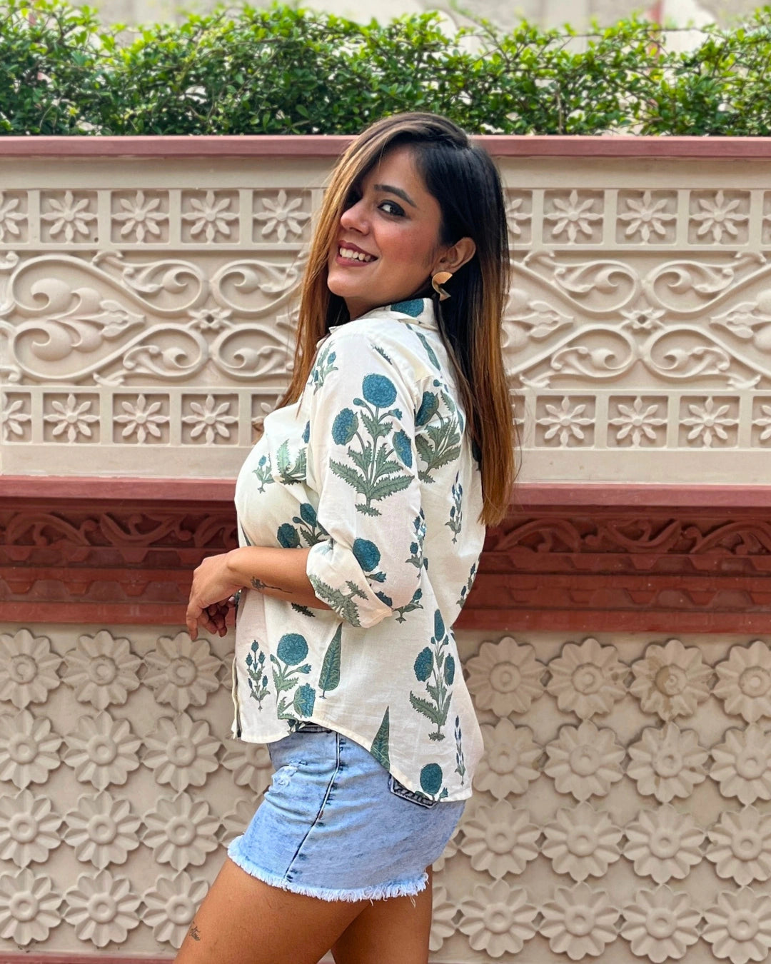 White Cotton Shirt With Blue Floral Print For Women