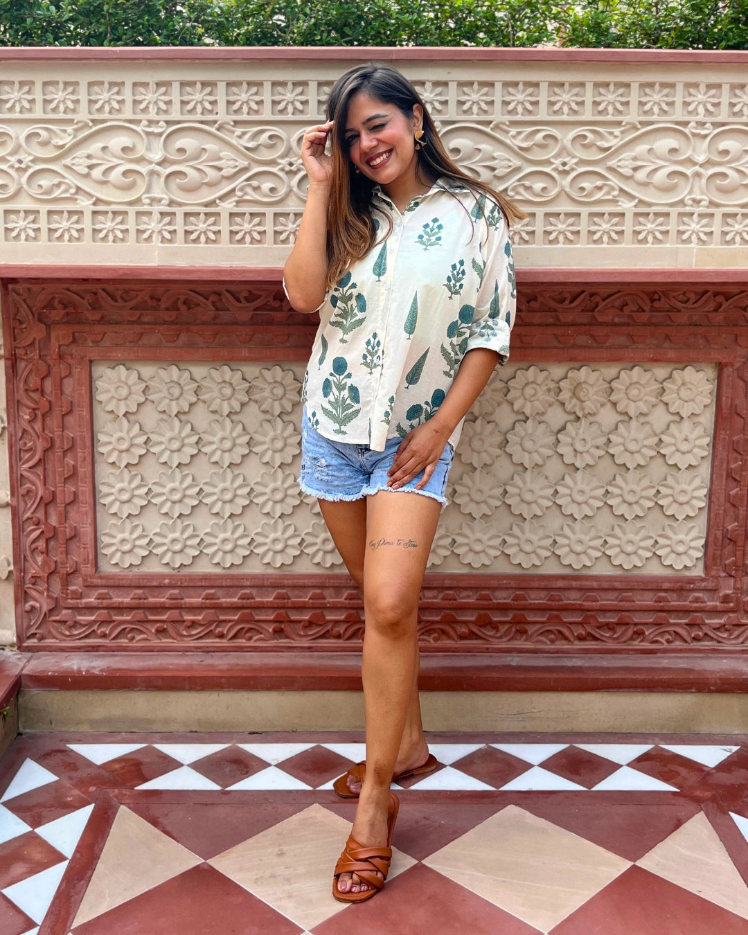 White Cotton Shirt With Blue Floral Print For Women