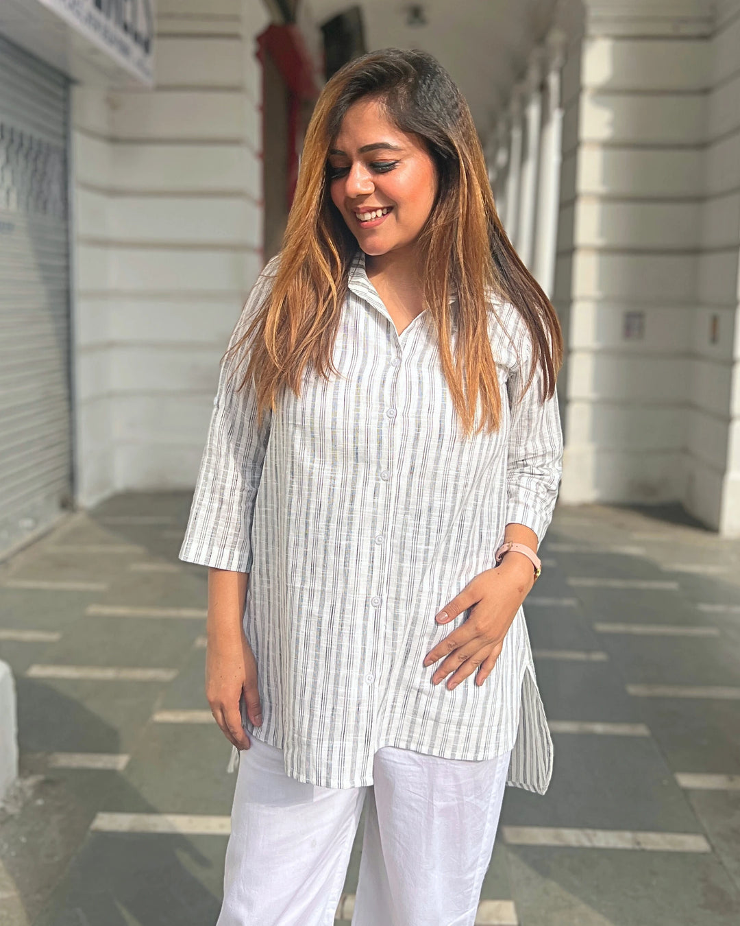 White Handwoven Cotton Striped Long Shirt For Women