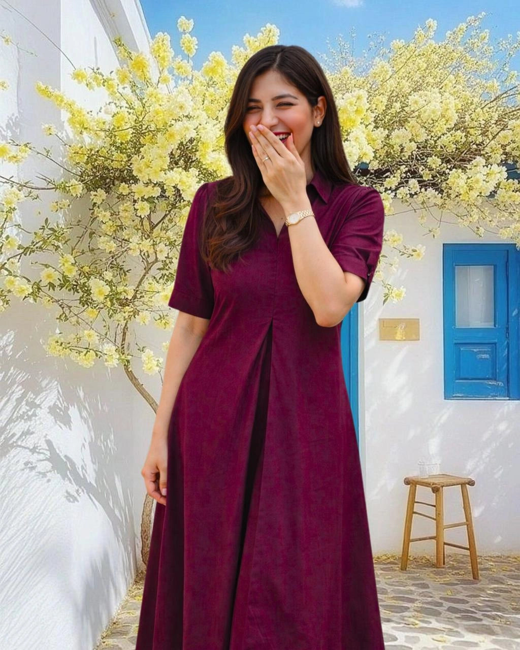 Wine Cotton Aline Dress