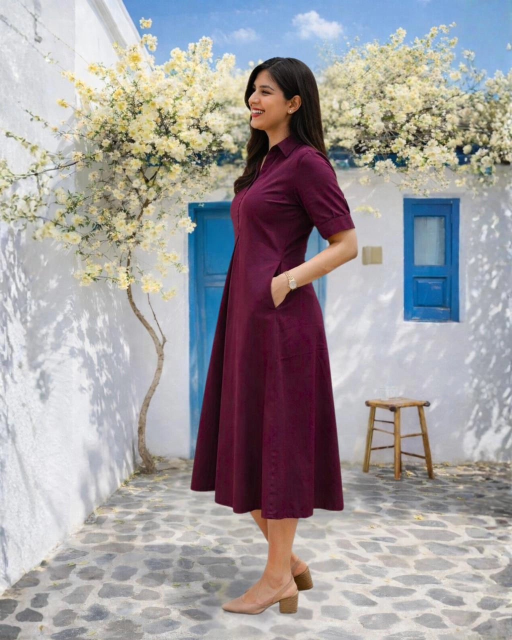 Wine Cotton Aline Dress