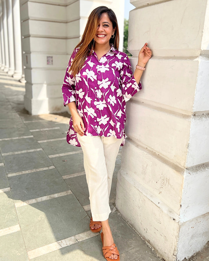 Wine Floral Print Cotton Shirt for Women