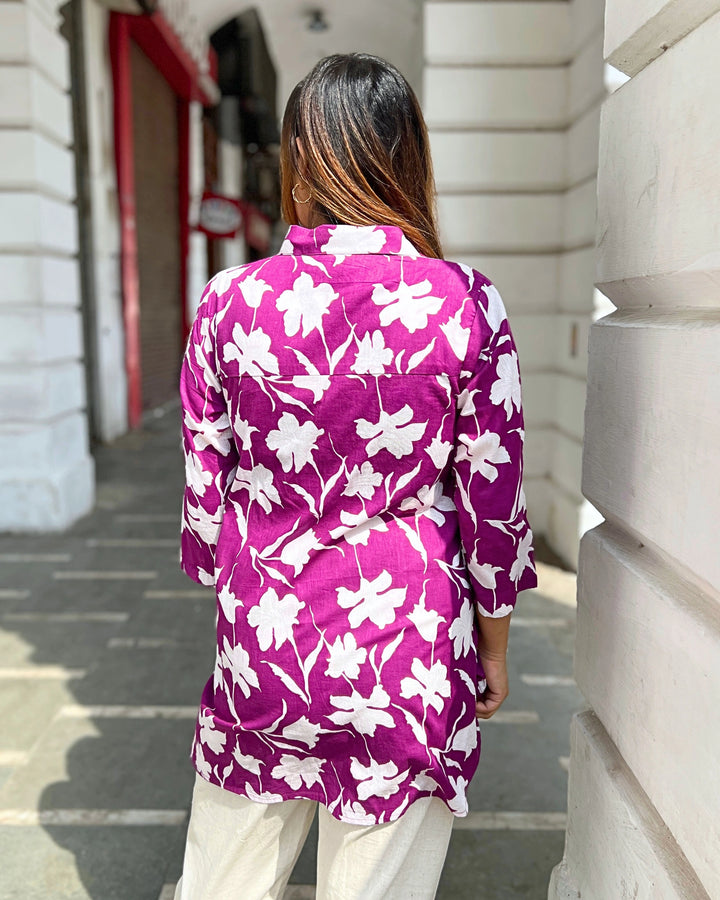 Wine Floral Print Cotton Shirt for Women