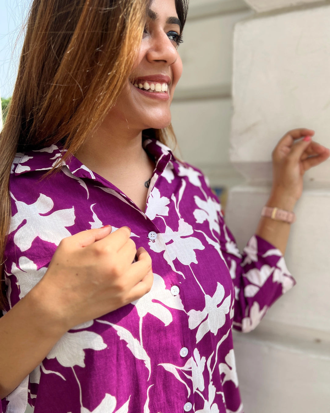Wine Floral Print Cotton Shirt for Women
