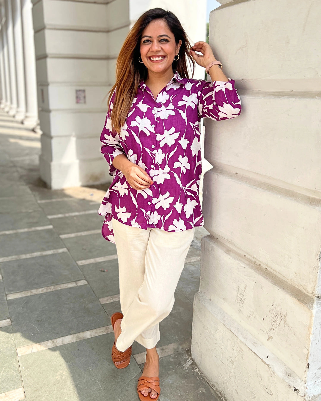 Wine Floral Print Cotton Shirt for Women