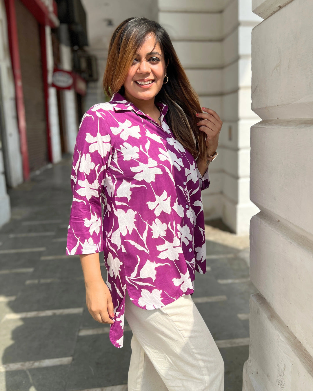 Wine Floral Print Cotton Shirt for Women