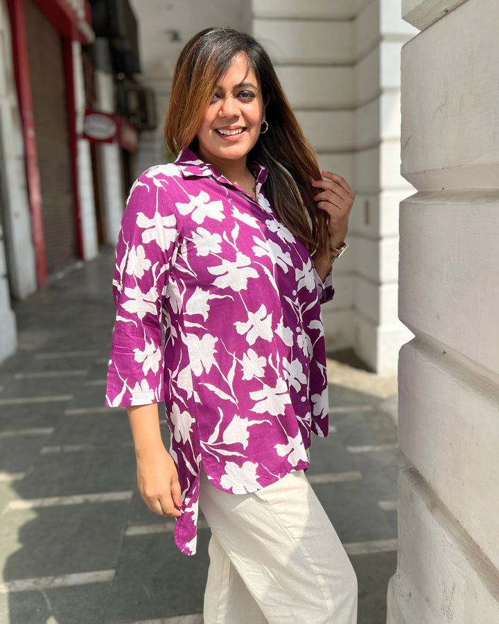 Wine Floral Print Cotton Shirt for Women