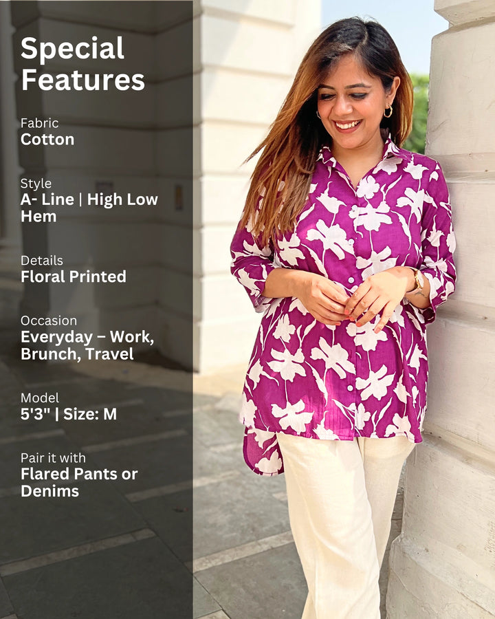 Wine Floral Print Cotton Shirt for Women
