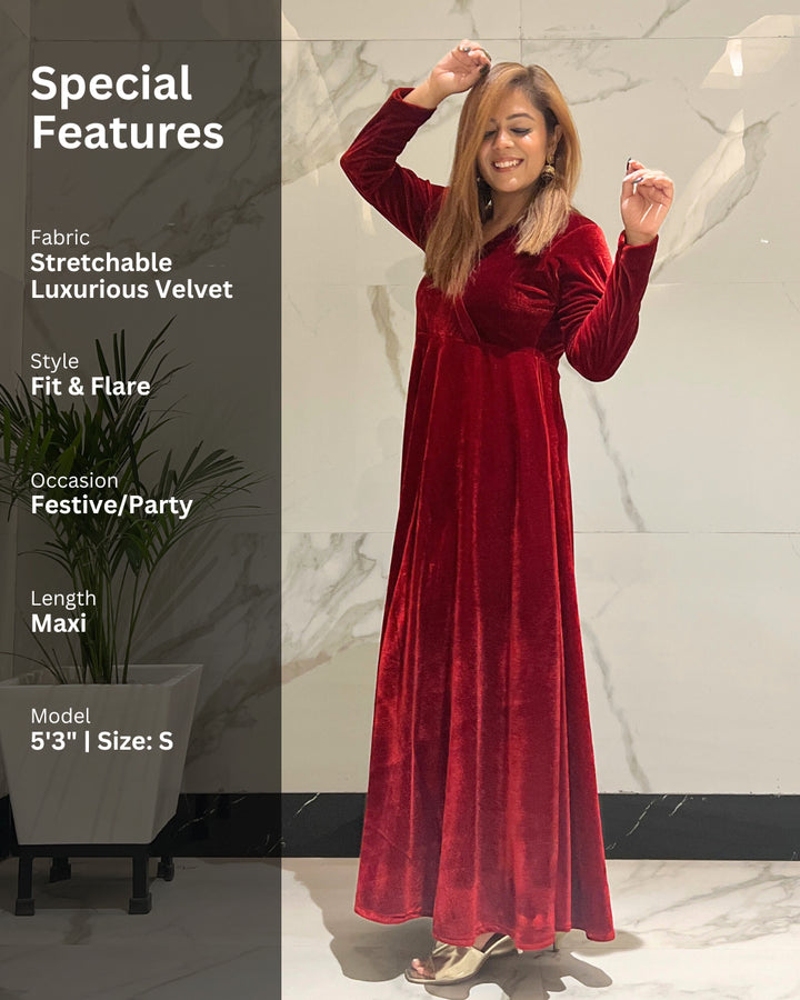 Wine Red Fit and Flare Long Velvet Dress