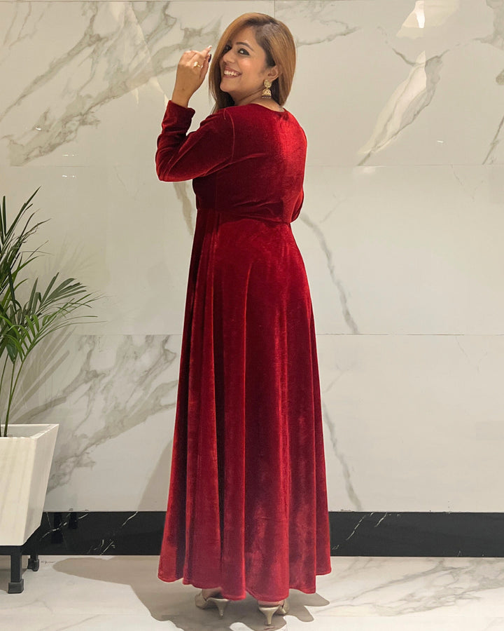 Wine Red Fit and Flare Long Velvet Dress