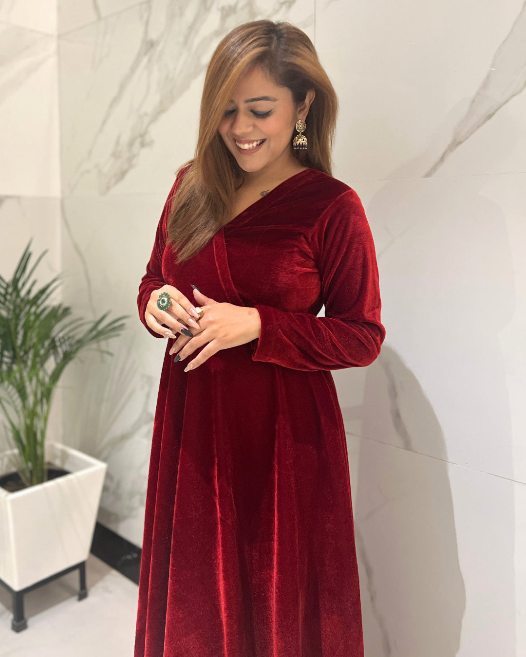 Wine Red Fit and Flare Long Velvet Dress