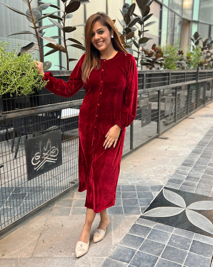 Winter Rose Velvet Shirt Dress