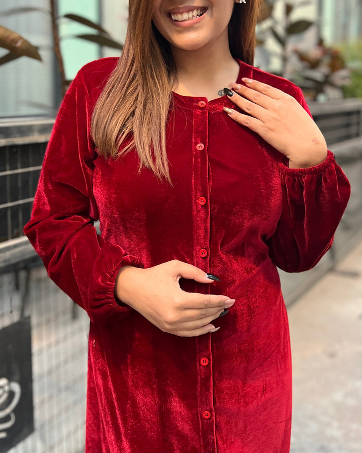 Winter Rose Velvet Shirt Dress