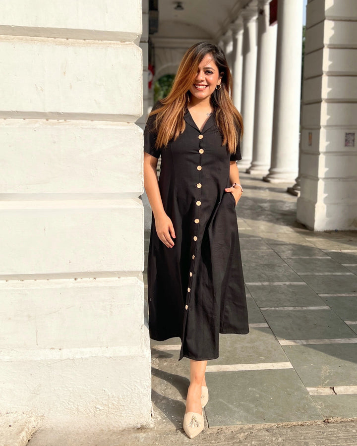 Women's Black All-Day Linen Shirt Dress