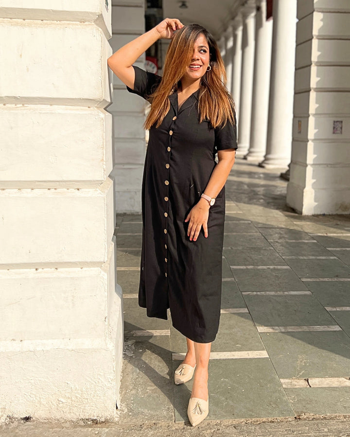 Women's Black All-Day Linen Shirt Dress