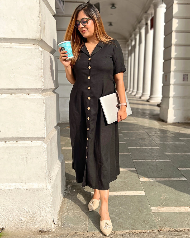 Women's Black All-Day Linen Shirt Dress