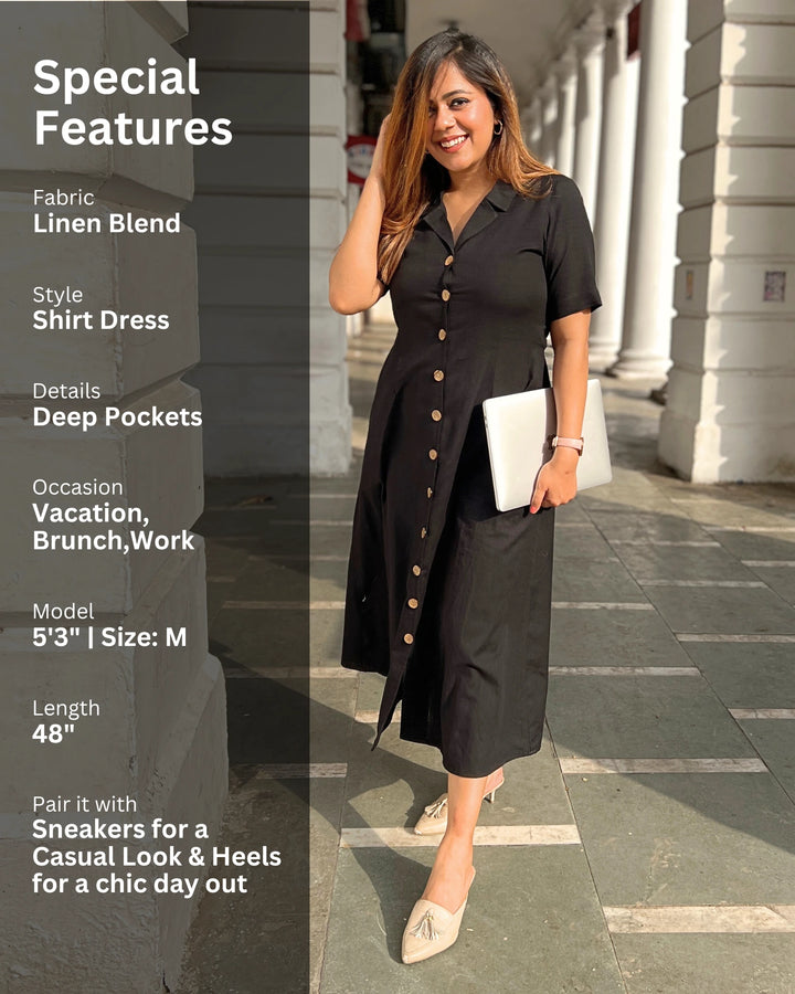 Women's Black All-Day Linen Shirt Dress