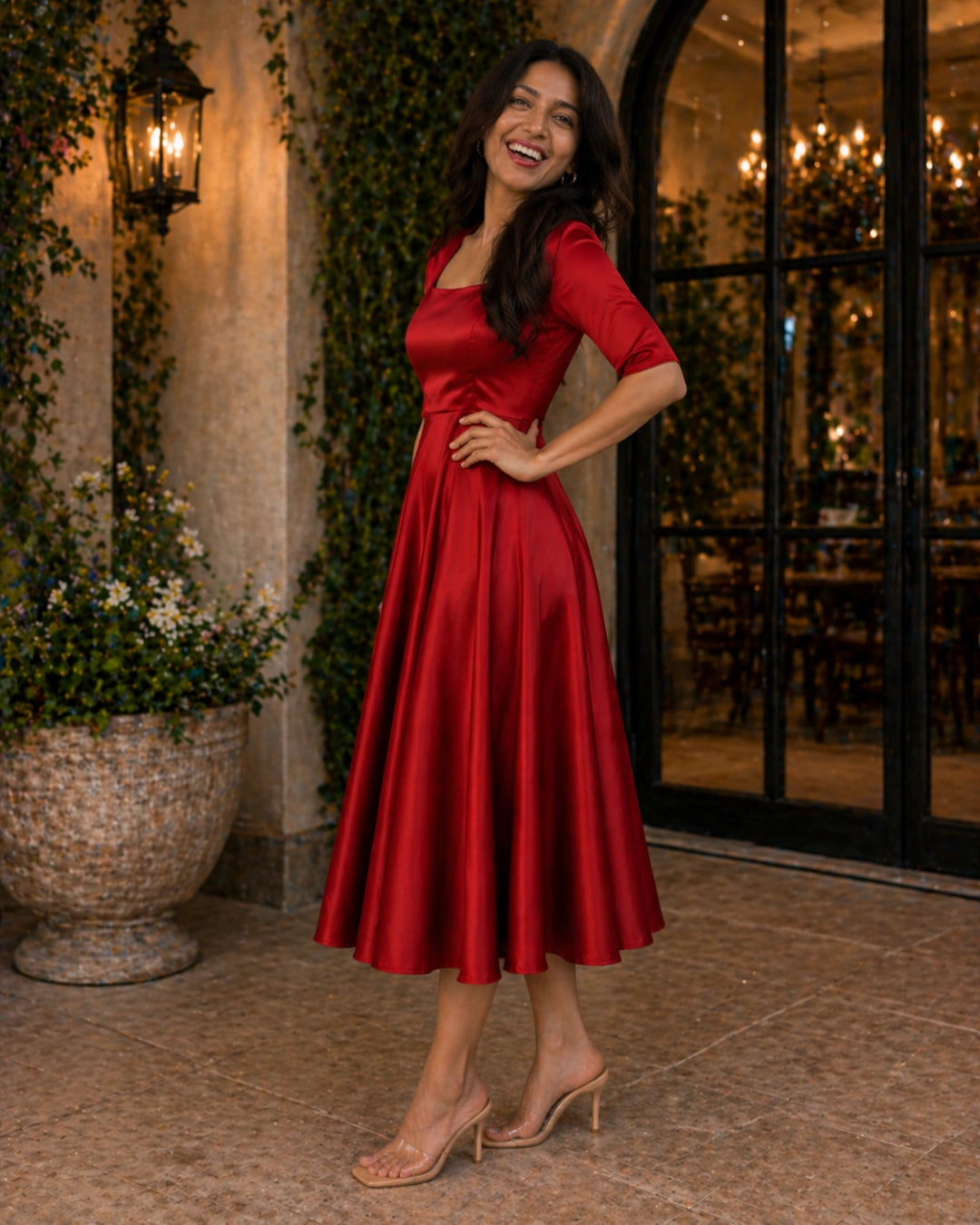 red midi dress formal Women's Flared in Crimson – The Svaya Size:XXS (1-2 years) lux crepe (45% Viscose Cicinia Olive Green Plus burgundy cocktail dress