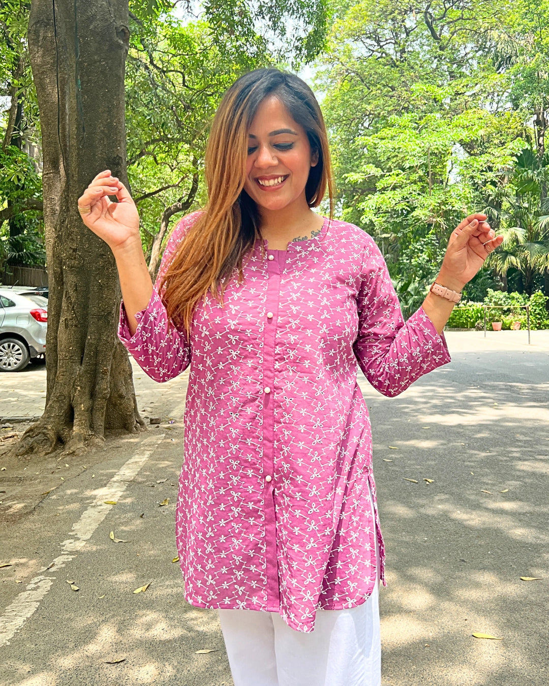 Women's Pink Embroidered Cotton Shirt