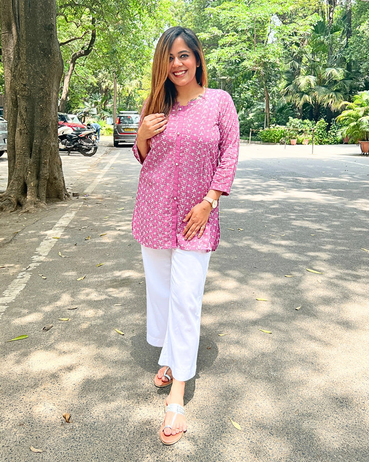 Women's Pink Embroidered Cotton Shirt