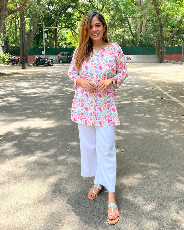 Women's Summer Floral Long Cotton Shirt