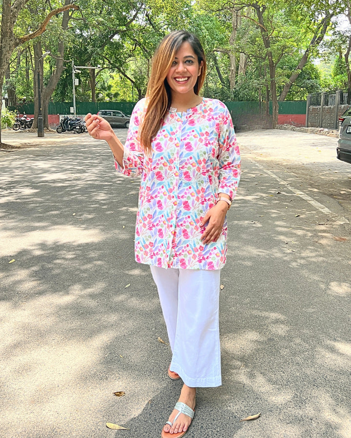 Women's Summer Floral Long Cotton Shirt