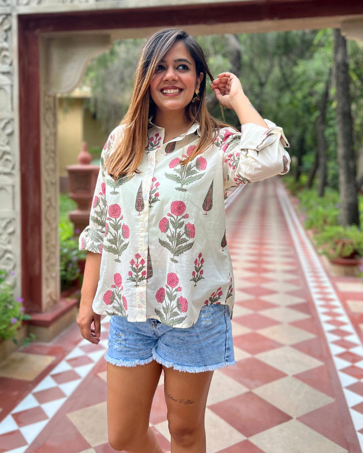 Women's White Cotton Shirt With Pink Floral Print