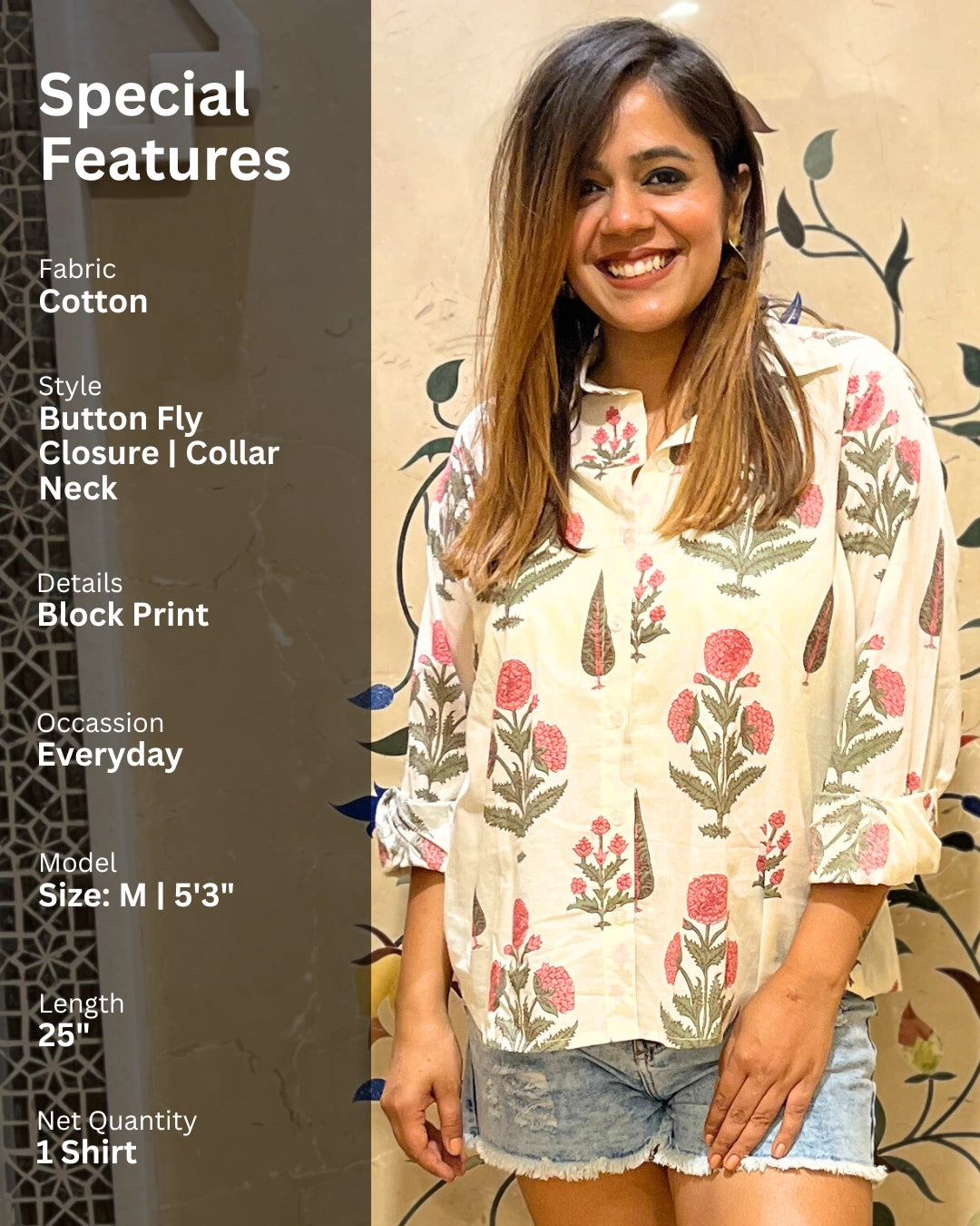 Women's White Cotton Shirt With Pink Floral Print