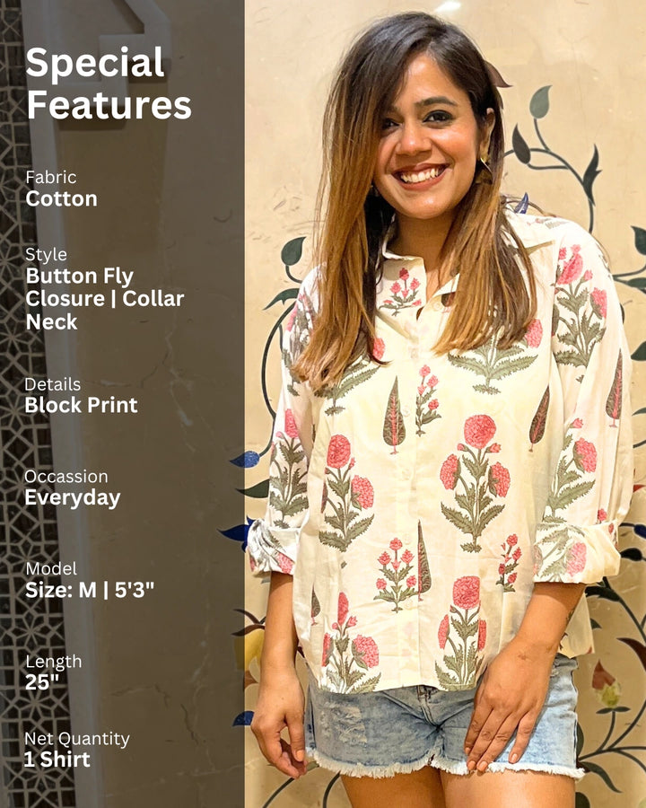 Women's White Cotton Shirt With Pink Floral Print