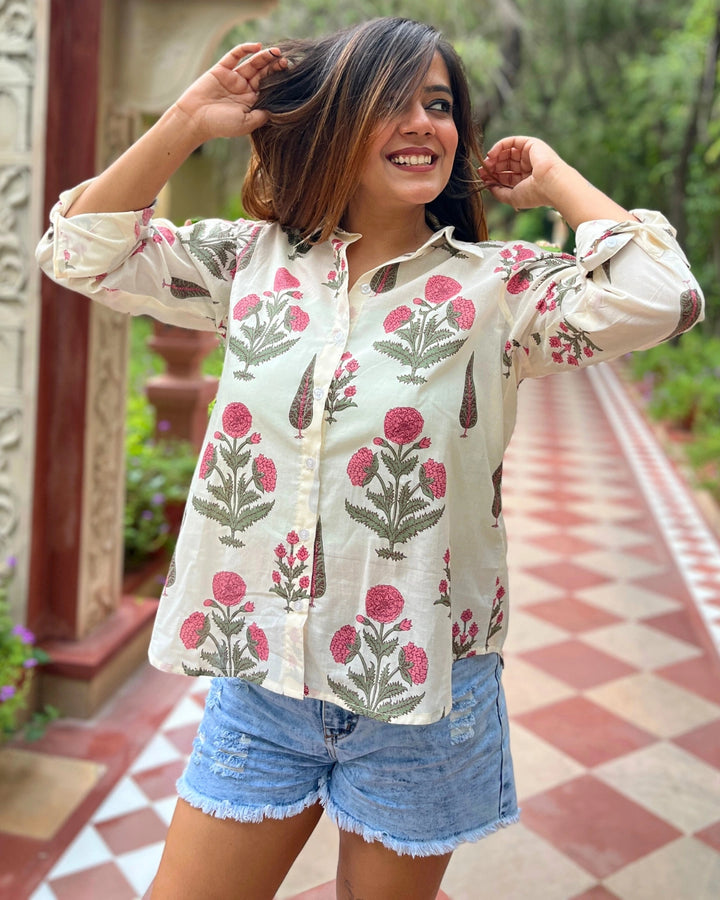Women's White Cotton Shirt With Pink Floral Print