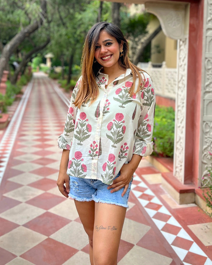 Women's White Cotton Shirt With Pink Floral Print