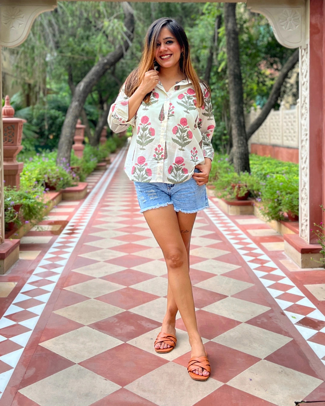 Women's White Cotton Shirt With Pink Floral Print
