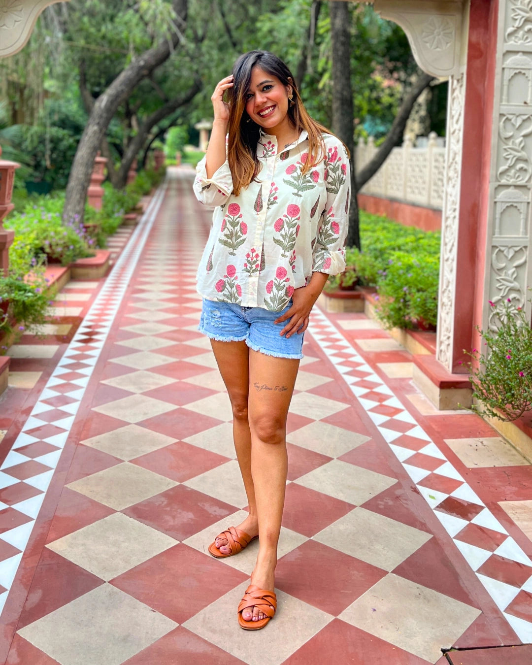 Women's White Cotton Shirt With Pink Floral Print