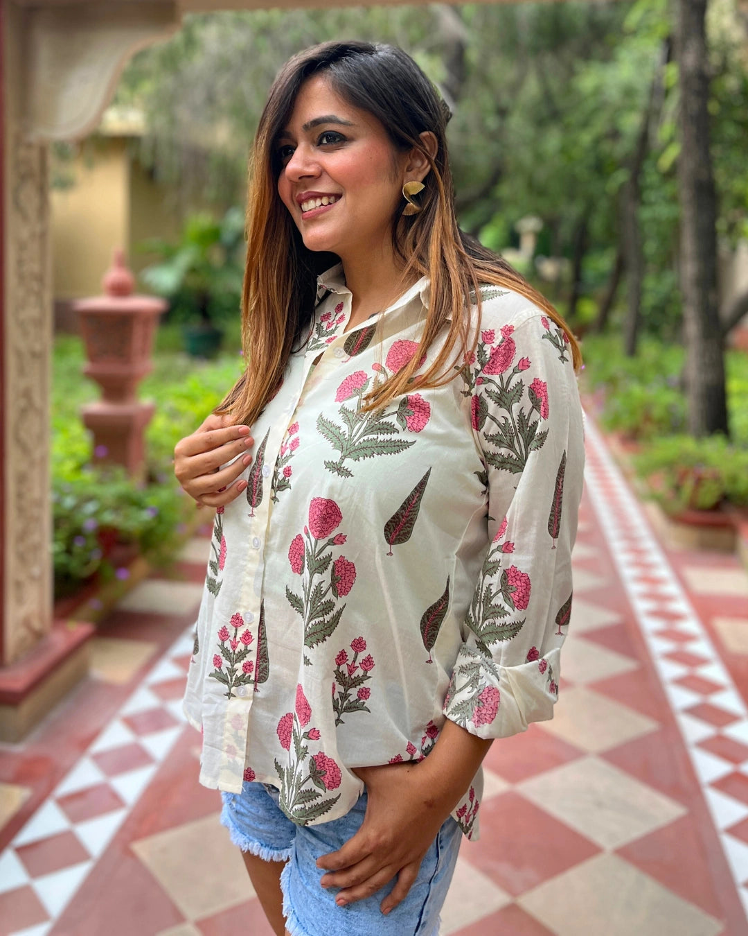Women's White Cotton Shirt With Pink Floral Print