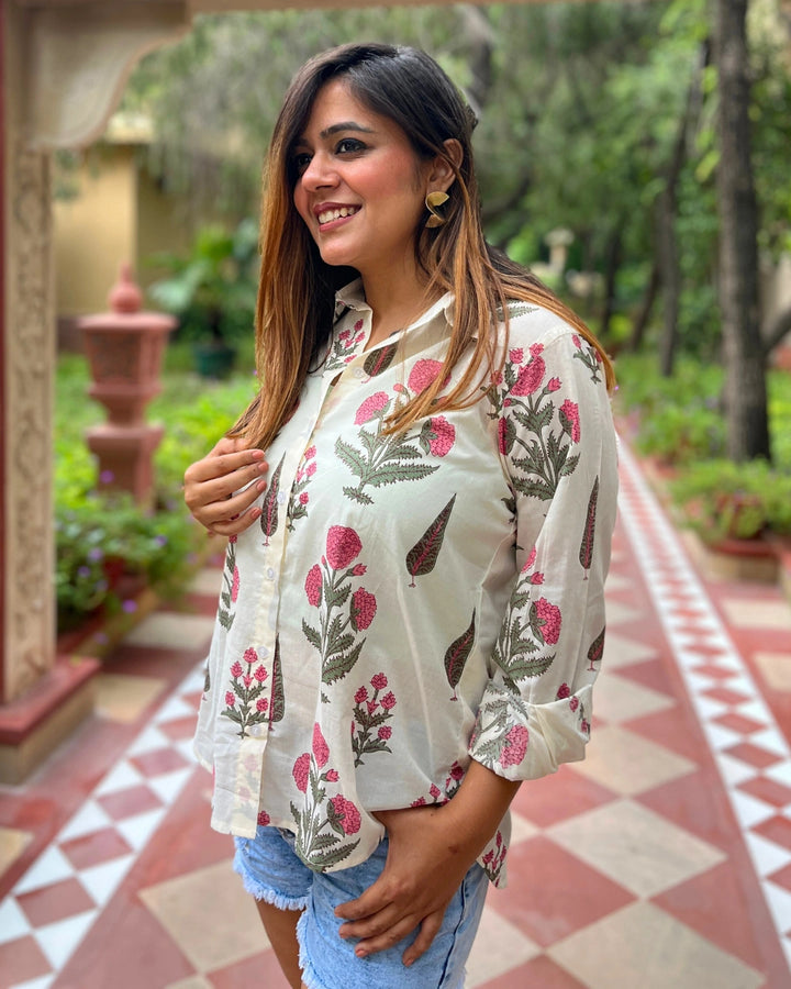 Women's White Cotton Shirt With Pink Floral Print