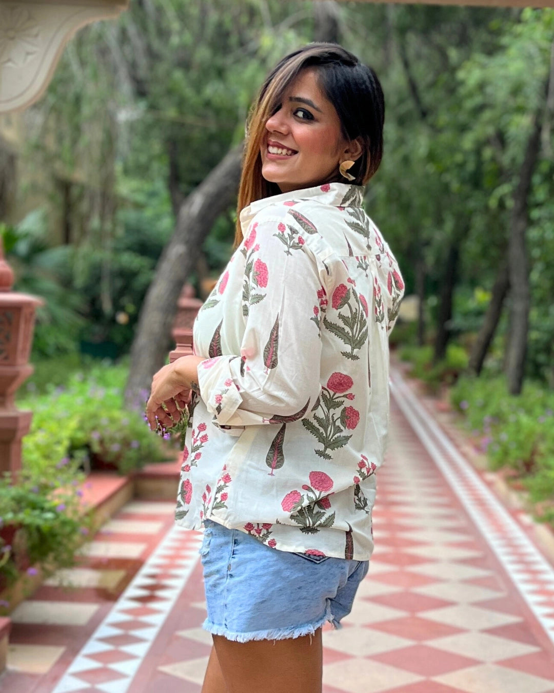 Women's White Cotton Shirt With Pink Floral Print