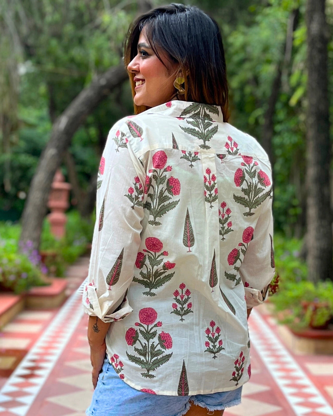 Women's White Cotton Shirt With Pink Floral Print