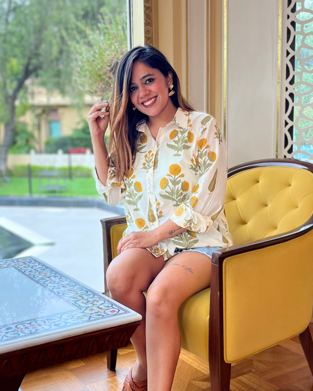 Yellow Floral Printed Cotton Shirt For Women