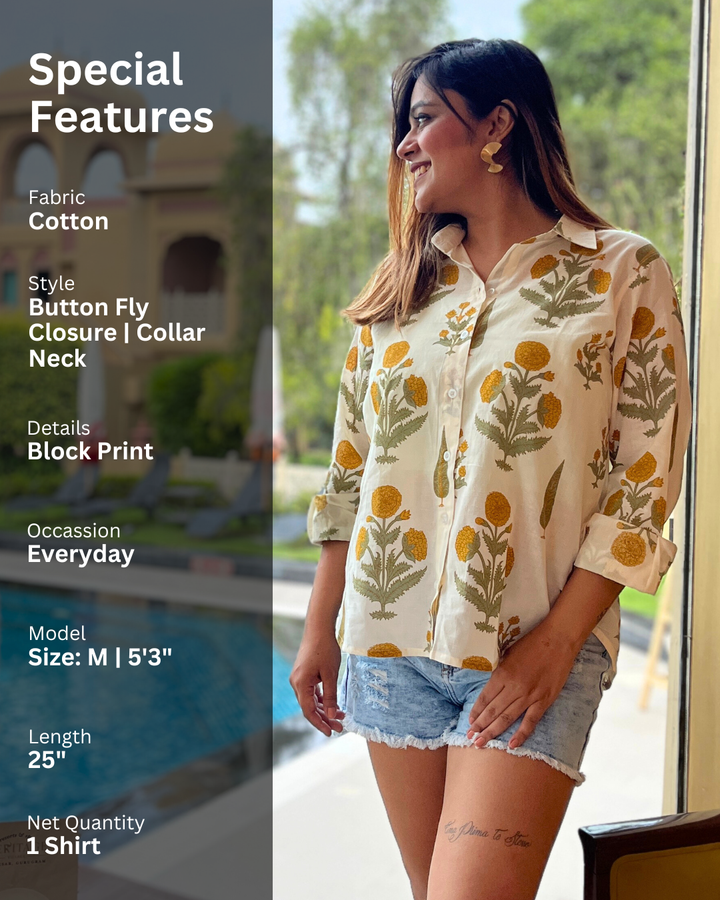 Yellow Floral Printed Cotton Shirt For Women