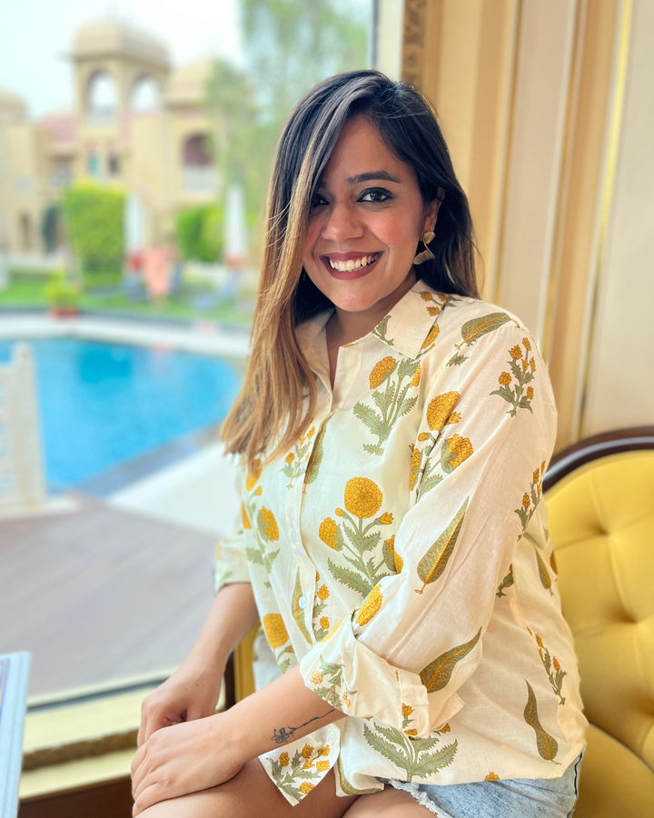 Yellow Floral Printed Cotton Shirt For Women