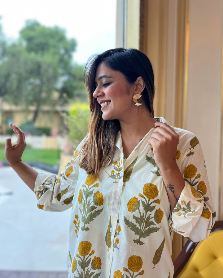 Yellow Floral Printed Cotton Shirt For Women