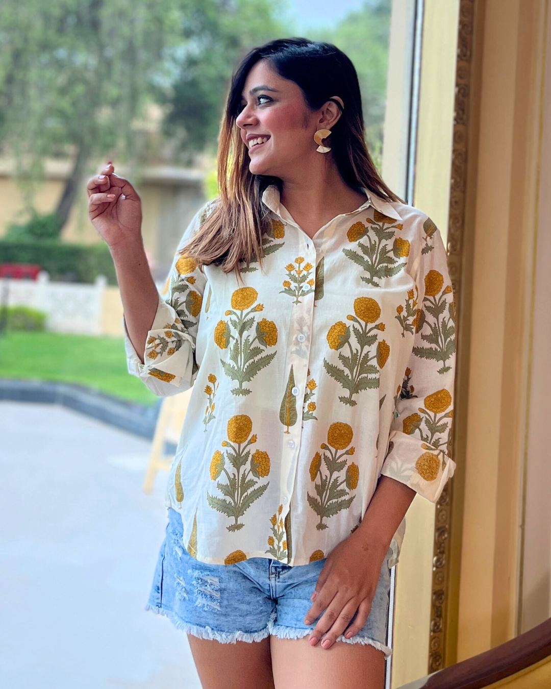 Yellow Floral Printed Cotton Shirt For Women