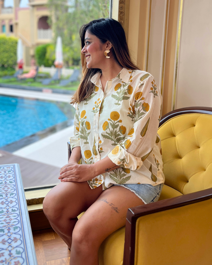 Yellow Floral Printed Cotton Shirt For Women