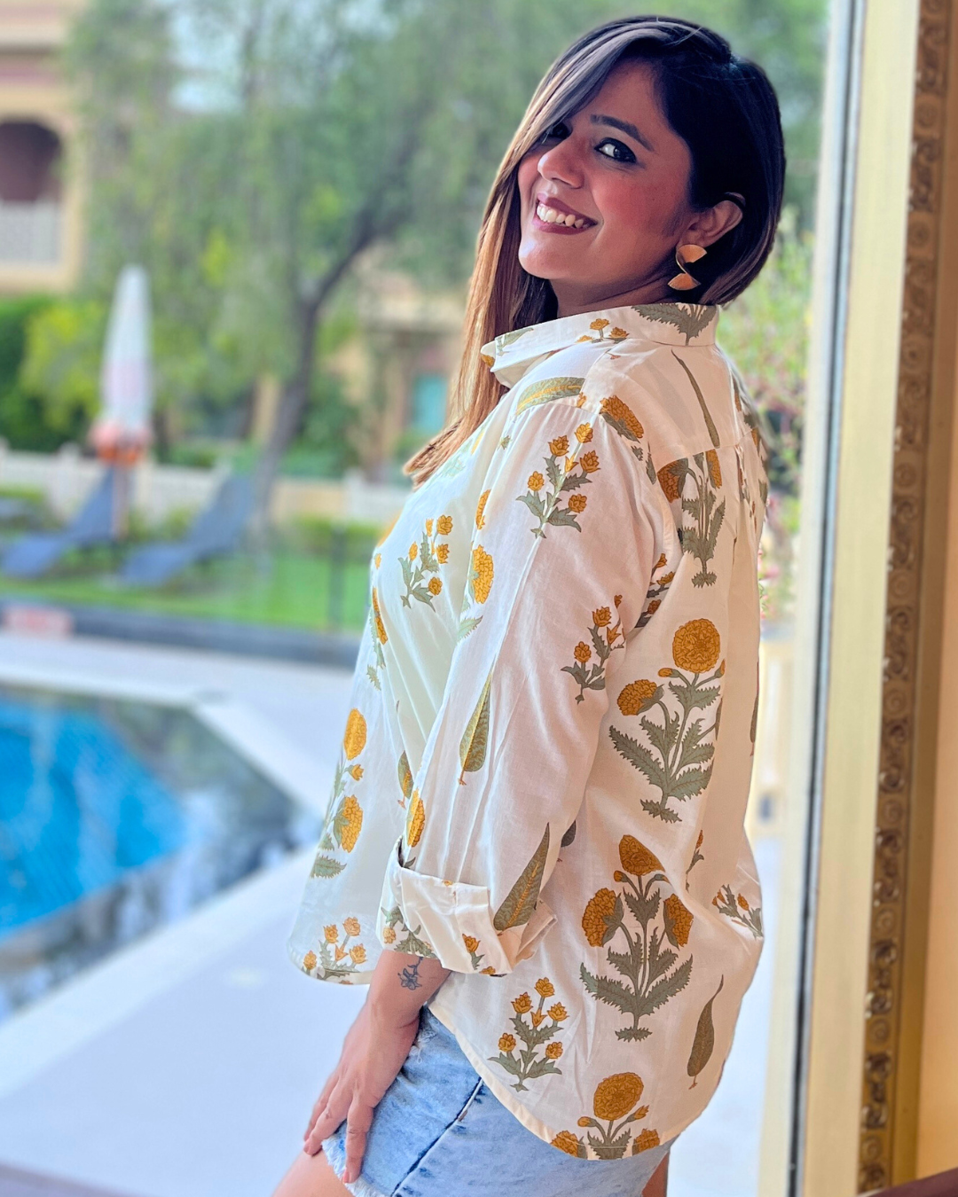 Yellow Floral Printed Cotton Shirt For Women